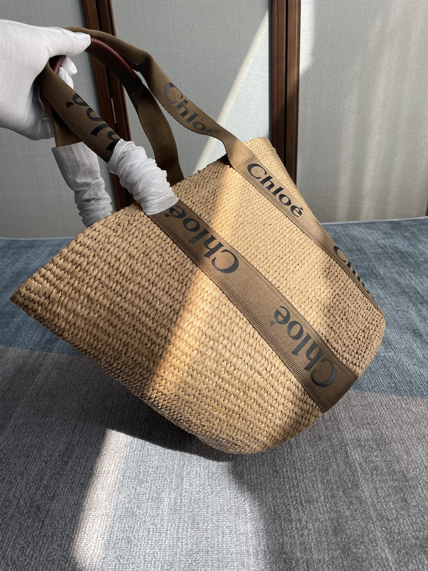 LAGRE WOODY TOTE BAG 48 IN NATURAL FIBERS BROWN WEBBING AND CALFSKIN