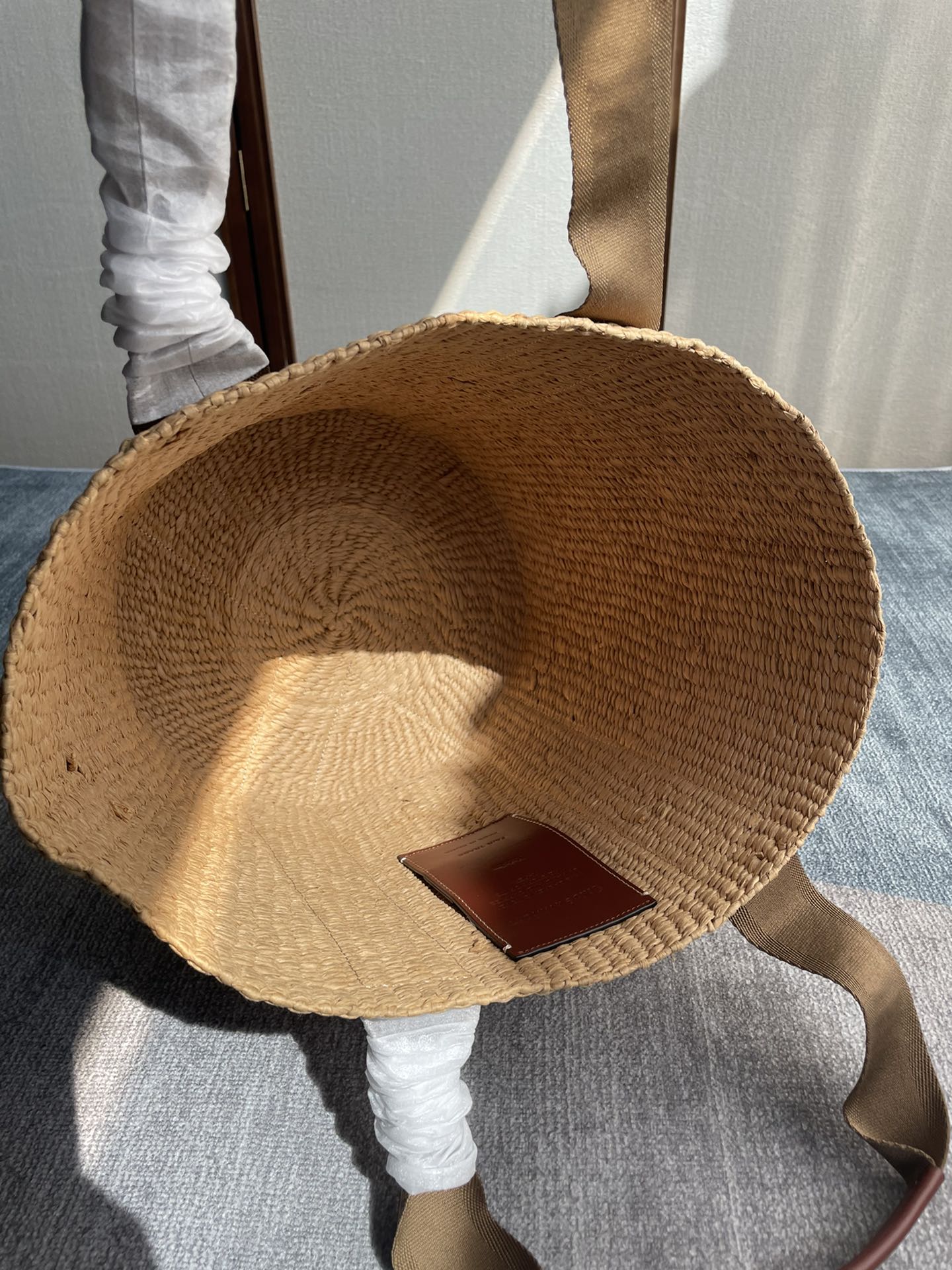 LAGRE WOODY TOTE BAG 48 IN NATURAL FIBERS BROWN WEBBING AND CALFSKIN