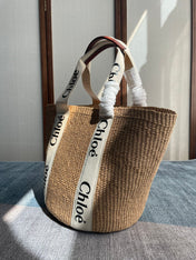 LAGRE WOODY TOTE BAG 48 IN NATURAL FIBERS BEIGE WEBBING BROWN CALFSKIN