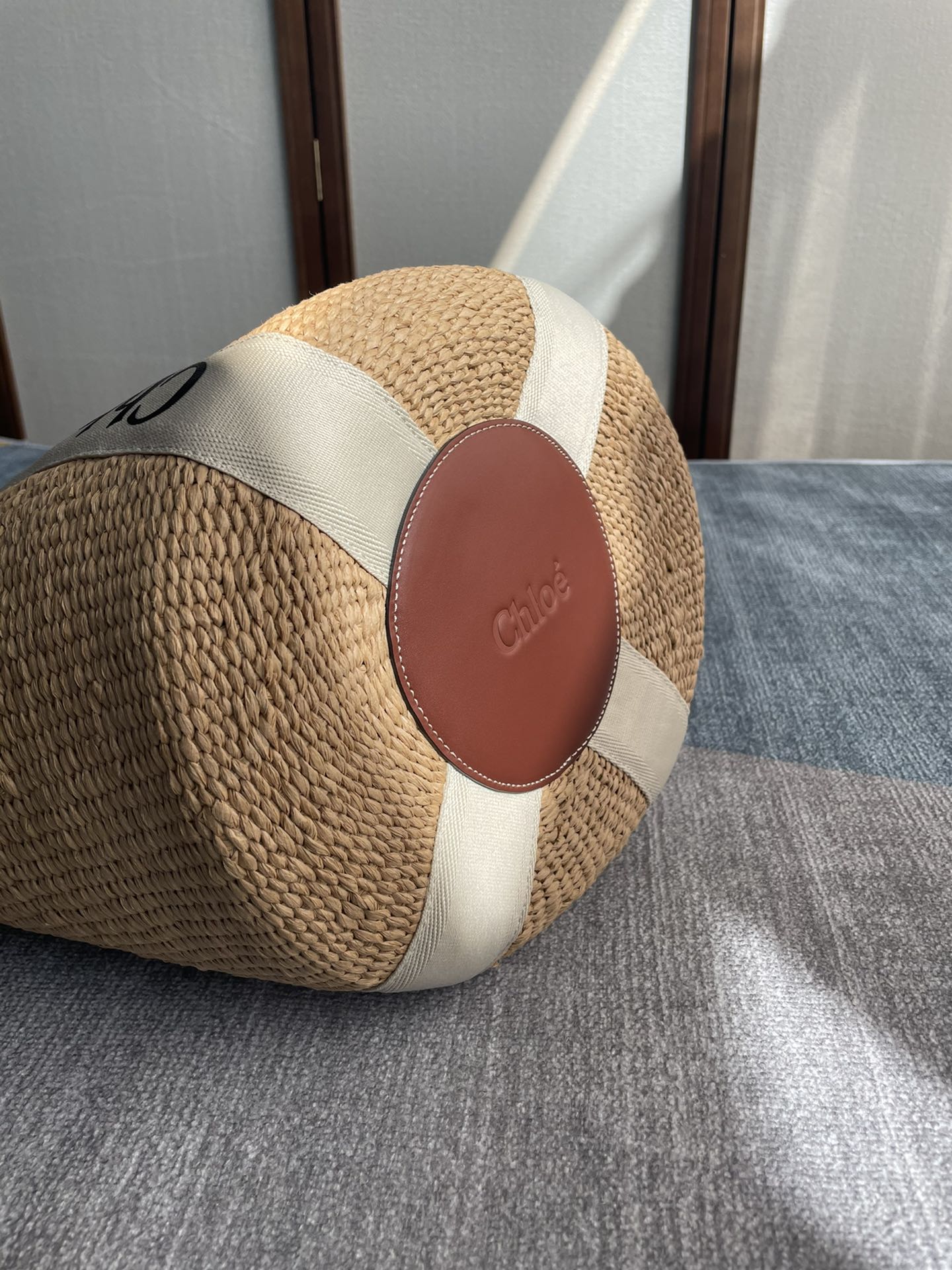 LAGRE WOODY TOTE BAG 48 IN NATURAL FIBERS BEIGE WEBBING BROWN CALFSKIN