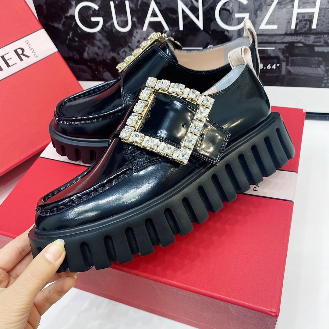 VIV' RANGERS LOAFERS IN BLACK SHINY CALFSKIN WITH CRYSTAL BUCKLE ON THE SIDE OF THE TONGUE