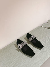 MARY JANES IN BLACK VELVET WITH CRYSTAL EMBELLISHED STRAP