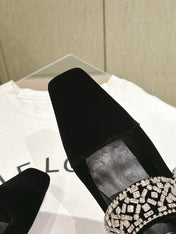 MARY JANES IN BLACK VELVET WITH CRYSTAL EMBELLISHED STRAP