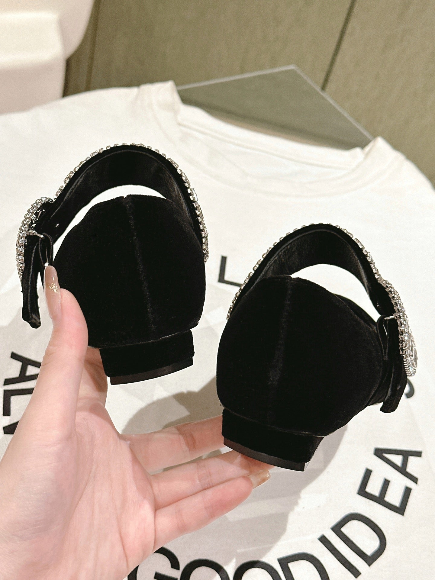 MARY JANES IN BLACK VELVET WITH CRYSTAL EMBELLISHED STRAP