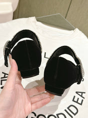MARY JANES IN BLACK VELVET WITH CRYSTAL EMBELLISHED STRAP