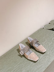 MARY JANES IN BEIGE VELVET WITH CRYSTAL EMBELLISHED STRAP