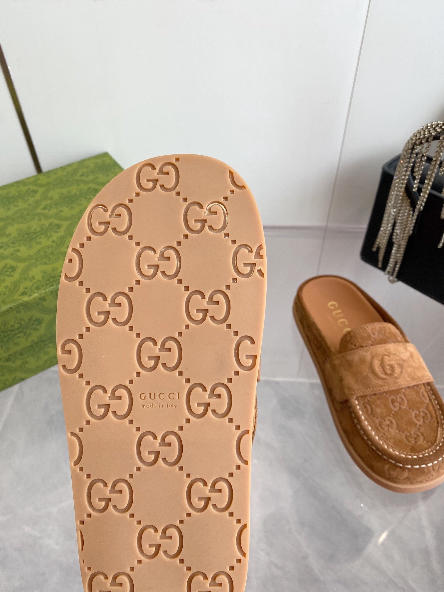 GG LOAFERS IN BROWN MONOGRAM EMBOSSED SUEDE