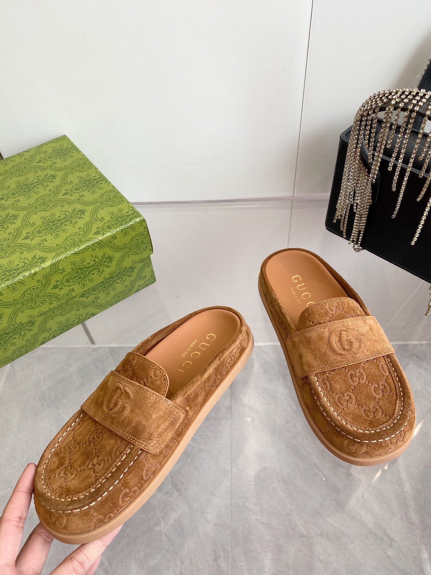 GG LOAFERS IN BROWN MONOGRAM EMBOSSED SUEDE