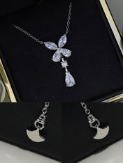 BUTTERFLY PEAR SHAPE CLASSIC SILVER DIAMOND DROP NECKLACE
