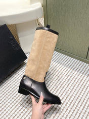 CHANEL 25S KNEE-HIGH BOOTS IN TAN BROWN SUEDE MIX BLACK CALFSKIN