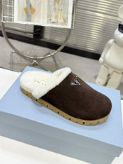 PRADA 25S FUR-LINED MULES IN DARK BROWN SUEDE