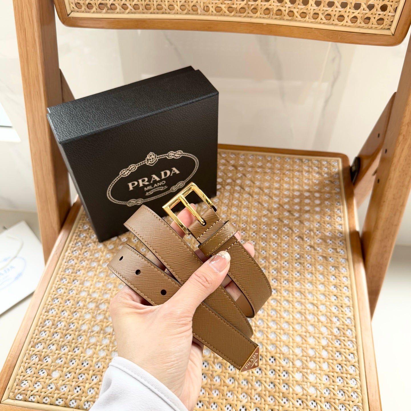 PRADA 25S BELT 25 MM IN LIGHT BROWN CALFSKIN 542646