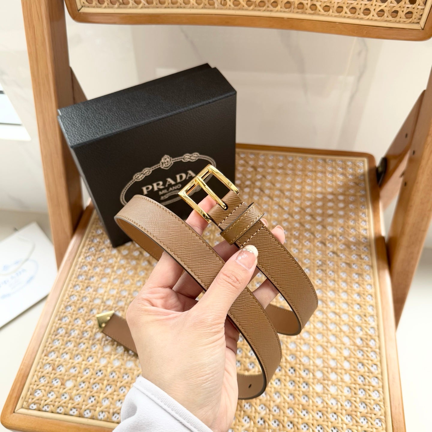 PRADA 25S BELT 25 MM IN LIGHT BROWN CALFSKIN 542646