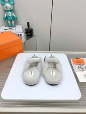 SLIP-ON MULE IN WHITE CALFSKIN AND SHEARLING LINING