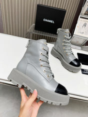 SHORT BOOTS IN SLATE GREY MIX BLACK COWHIDE
