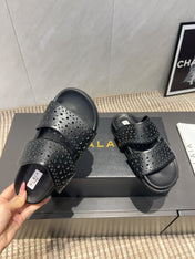 ALAIA CHUNKY TWO-STRAP SLIDES 25S IN BLACK CALFSKIN