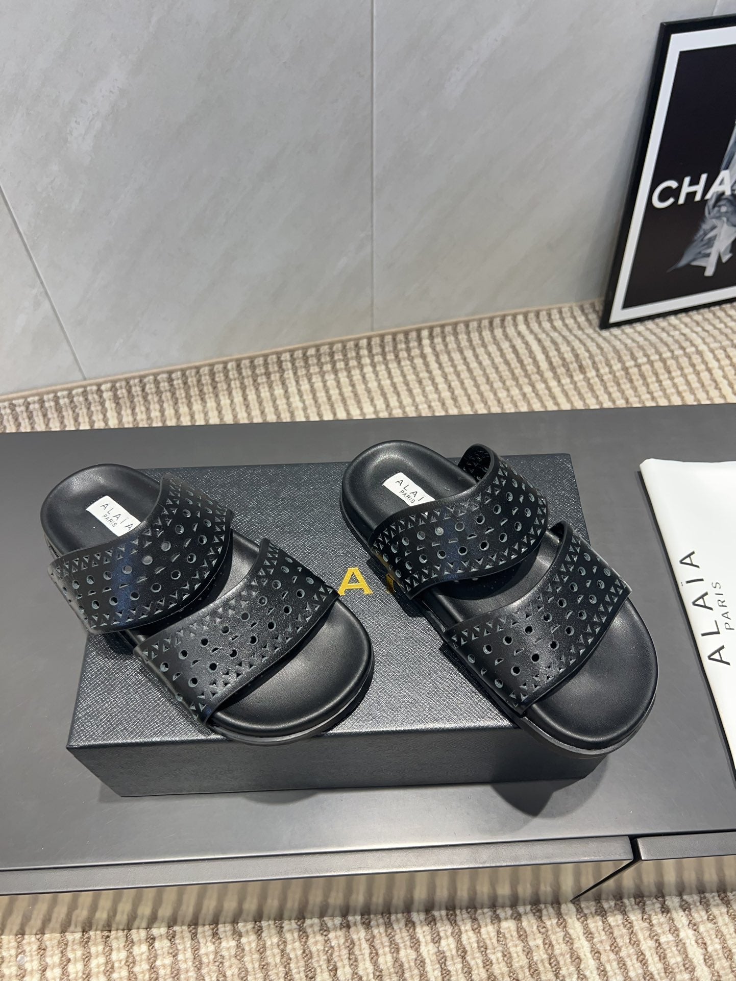 ALAIA CHUNKY TWO-STRAP SLIDES 25S IN BLACK CALFSKIN
