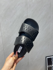 ALAIA CHUNKY TWO-STRAP SLIDES 25S IN BLACK CALFSKIN