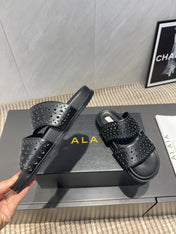 ALAIA CHUNKY TWO-STRAP SLIDES 25S IN BLACK CALFSKIN