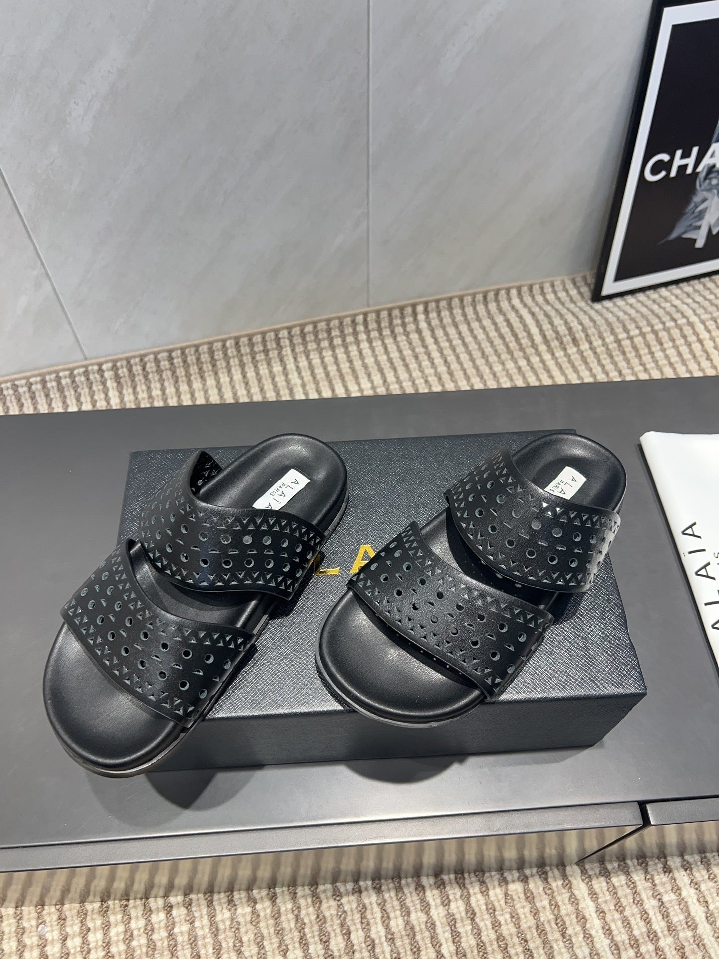 ALAIA CHUNKY TWO-STRAP SLIDES 25S IN BLACK CALFSKIN