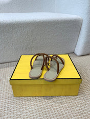 FENDI O'LOCK SLIDES BROWN CALFSKIN WITH GOLD HARDWARE