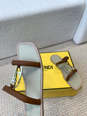 FENDI O'LOCK SLIDES BROWN CALFSKIN WITH GOLD HARDWARE