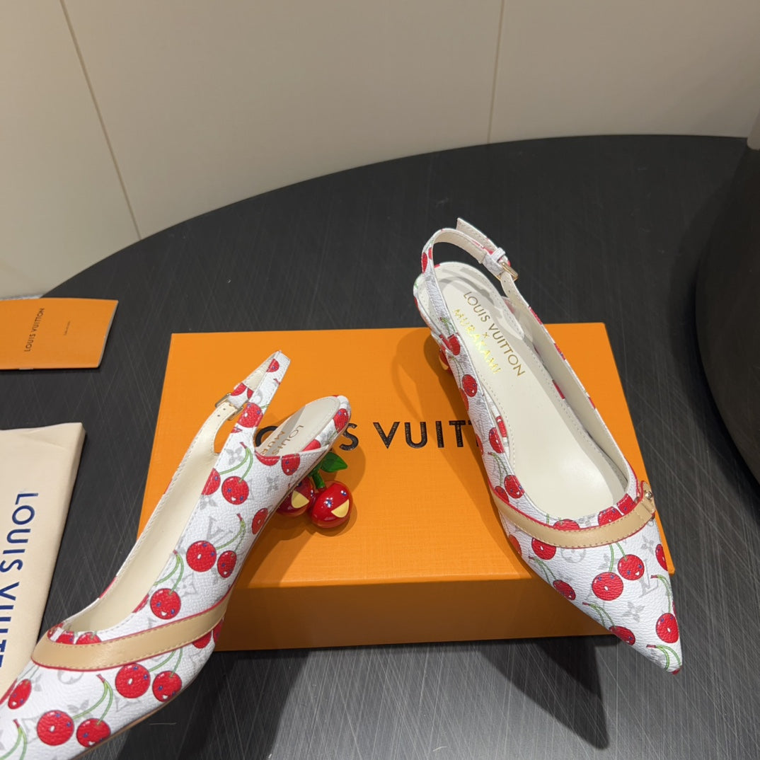 LV HIGH SLINGBACK LOGO AND CHERRY PRINT 25S 55 MM IN WHITE CALFSKIN