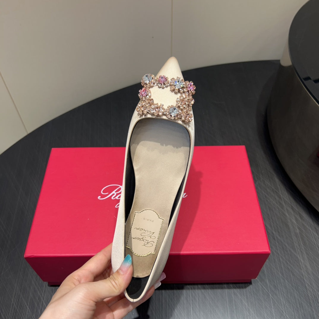 ROGER VIVIER 25S GRETE BALLET FLATS IN NUDE SILK WITH EMBELLISHED CRYSTALS