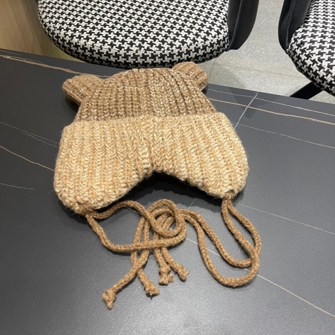 KNITTED BEANIE HAT WITH CUTE EARS IN PEANUT BROWN WOOL 403485