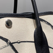 GARDEN PARTY 36 IN BEIGE AND BLACK TOILE H CANVAS BLACK CALFSKIN HORSE TACK SKETCH PRINT