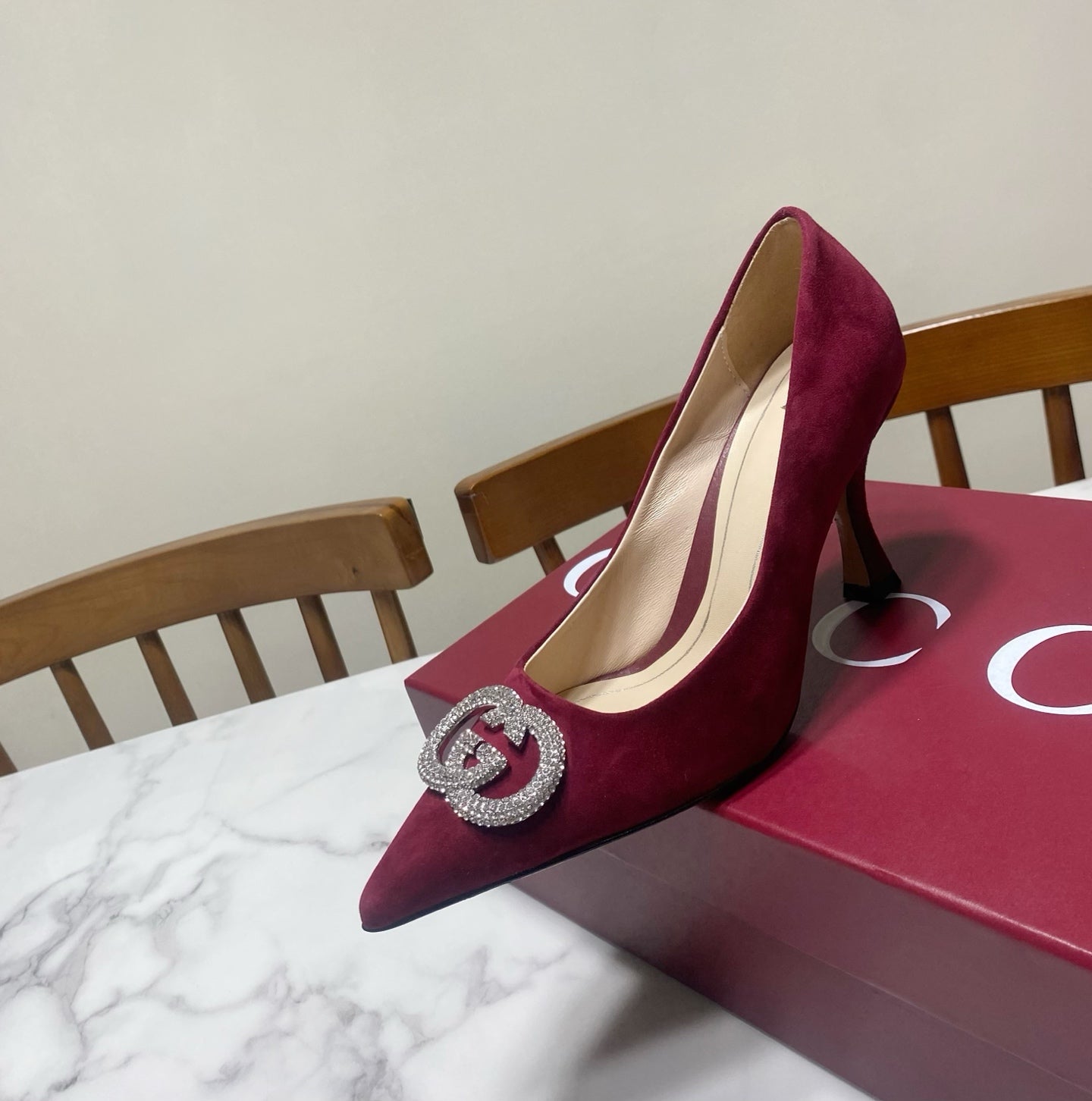 GUCCI 26S HIGH-HEELED SHOES 85 MM IN DARK RED SUEDE WITH CRYSTAL