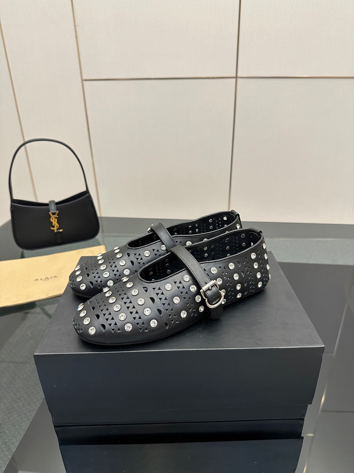 ALAIA BALLET SHOES 25S IN BLACK LAMBSKIN WITH CRYSTAL DETAILING