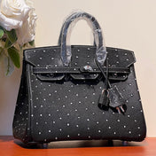 KELLY SELLIER 25 BAG IN BLACK OSTRICH LEATHER WITH WHITE RHINSTONES