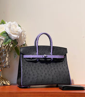 KELLY  SELLIER 25 BAG IN BLACK MIX AMETHYST PURPLE OSTRICH LEATHER