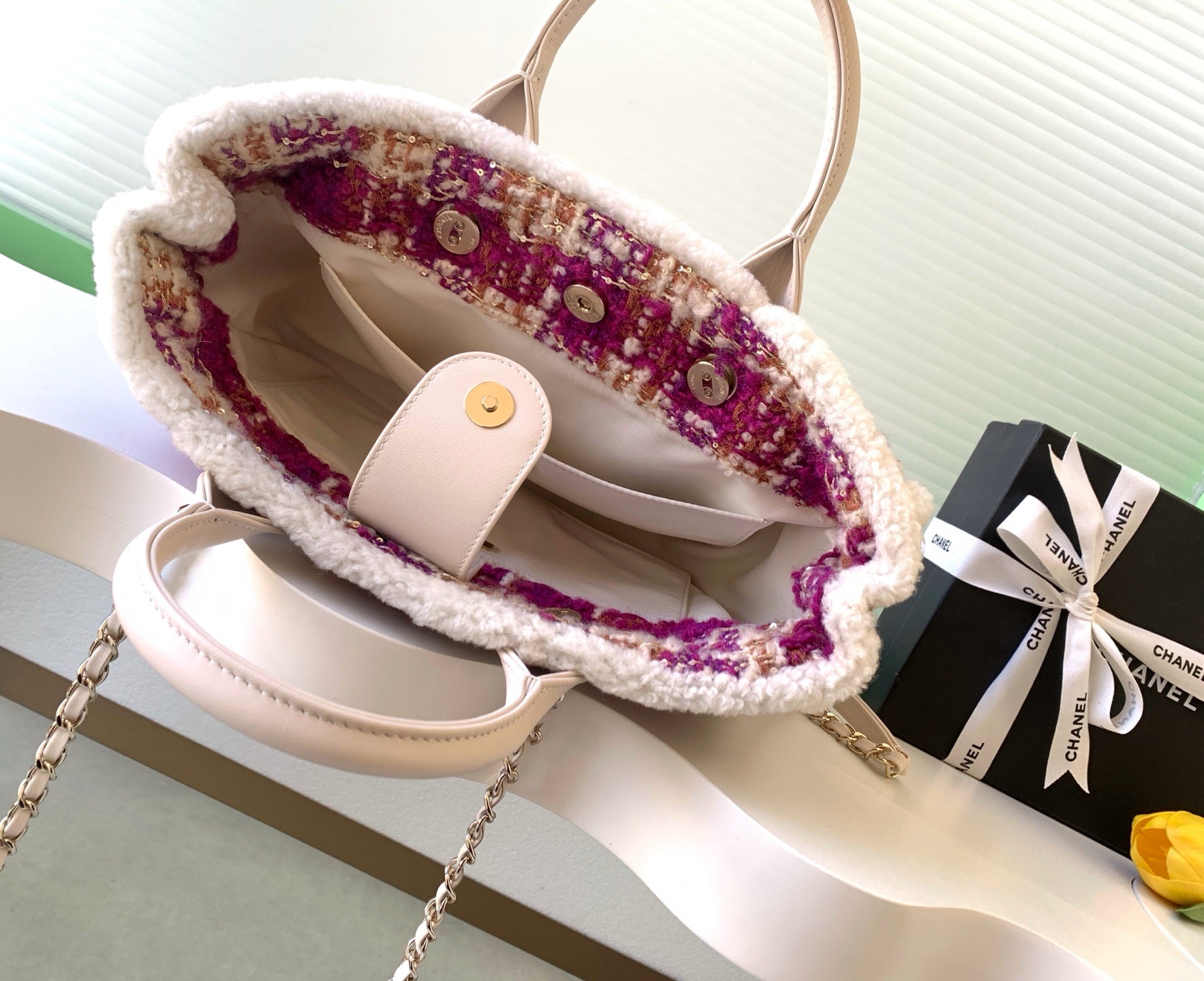 CHANEL 25S SHOPPING BAG 34 IN DARK PINK MIX WHITE TWEED