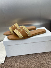 DIOR 25S D-LANE SLIDE CAMEL CALFSKIN AND NATURAL BRAIDED RAFFIA