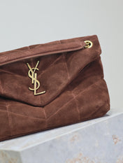 YSL 25S LOULOU PUFFER MM 29 IN DARK BROWN SUEDE GOLD HARDWARE