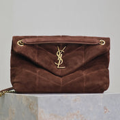 YSL 25S LOULOU PUFFER MM 29 IN DARK BROWN SUEDE GOLD HARDWARE