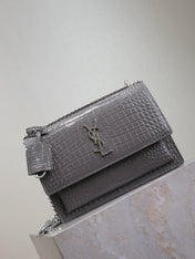 YSL 25S SUNSET MEDIUM 22 IN DARK GRAY CROCODILE-EMBOSSED SHINY CALFSKIN SILVER HARDWRE