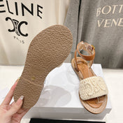 LYMPIA SANDAL IN TRIOMPHE MACCRAMÉ COTTON & CALFSKIN ECRU TAN