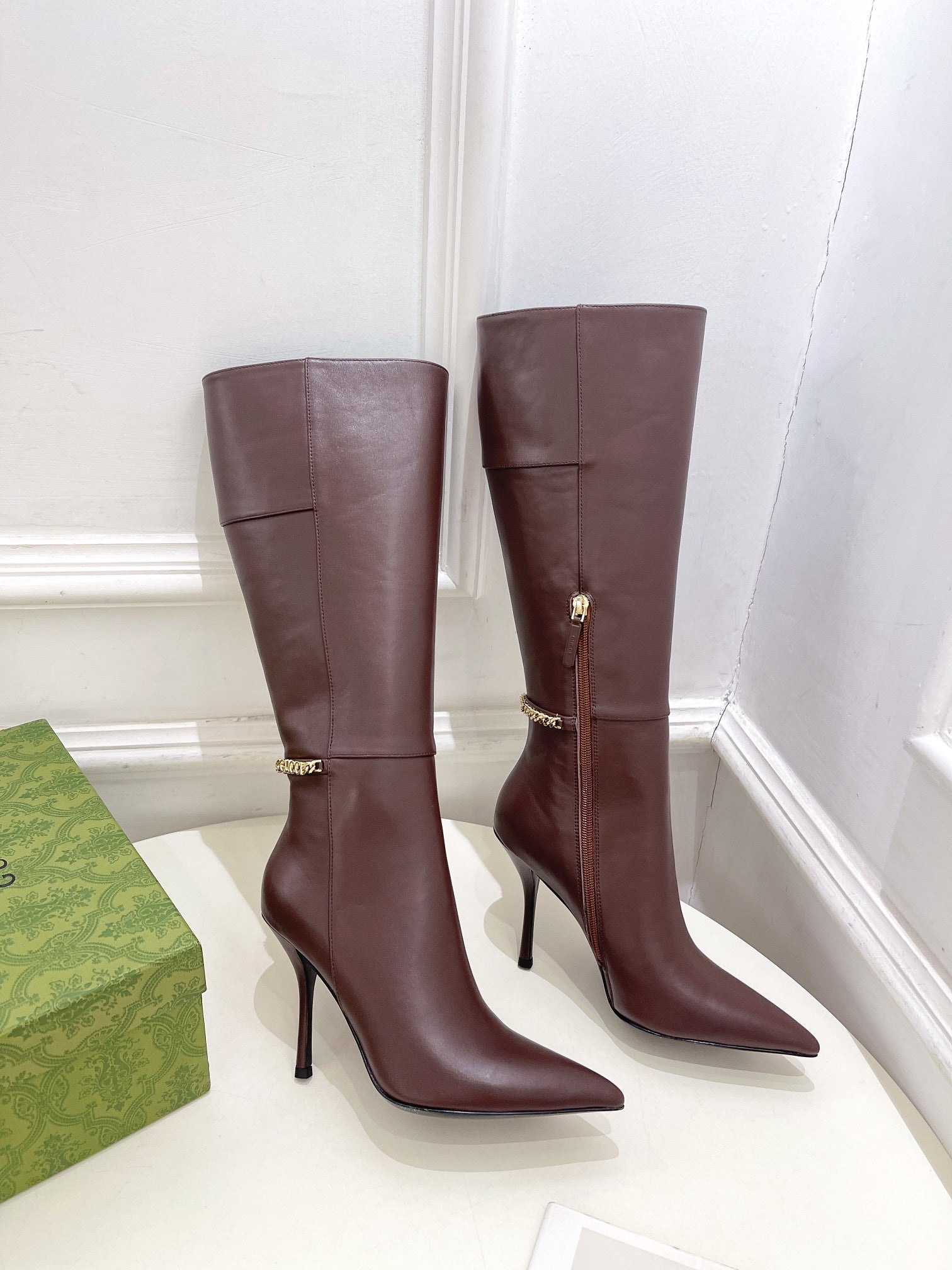 SIGNORIA KNEE BOOTS 10.5CM IN WALNUT BROWN CALFSKIN