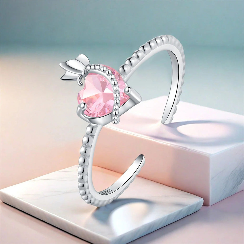 Pink Heart Zircon Butterfly Opening Ring